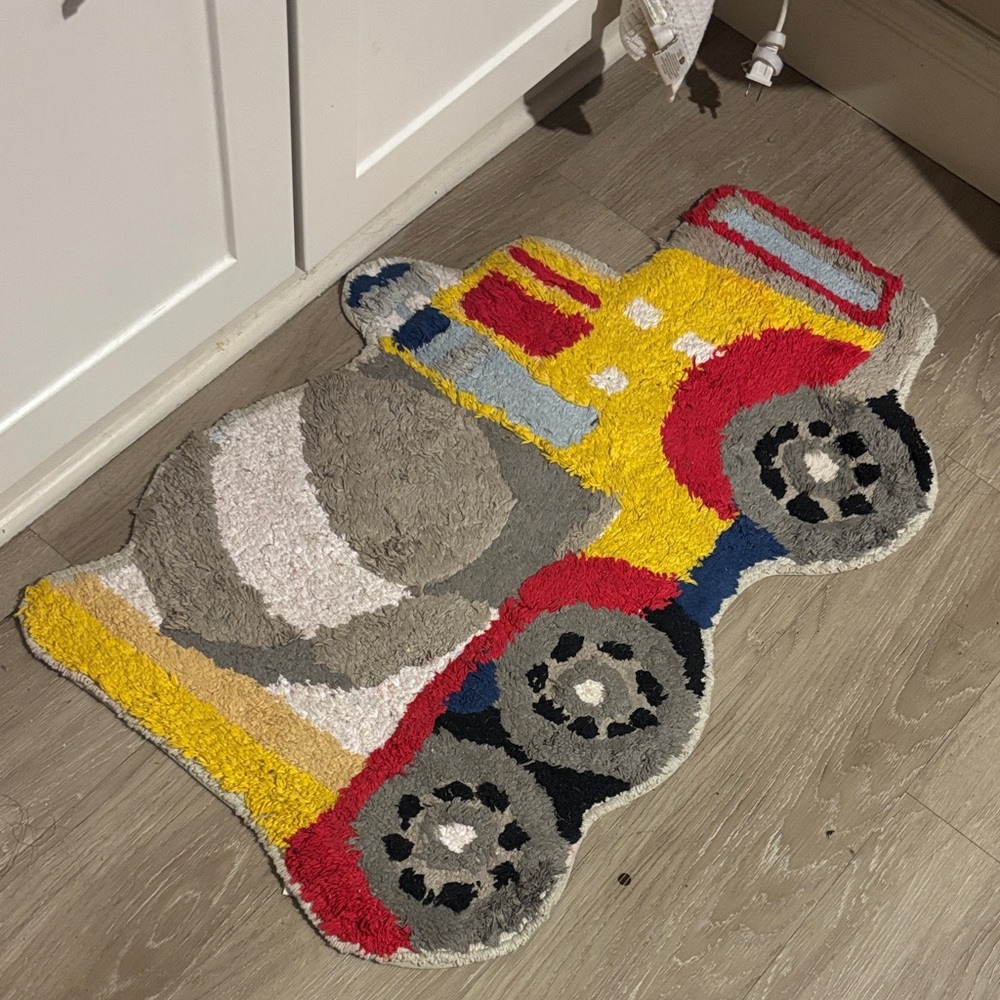 Plush Yellow & Red Truck bathroom Rug for Kids